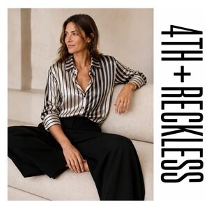 4th + Reckless Black Beige Striped Satin Button Down Blouse Quiet Luxury NWT XL